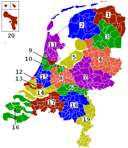 Kaart van Nederland verdeeld in 20 kieskringen